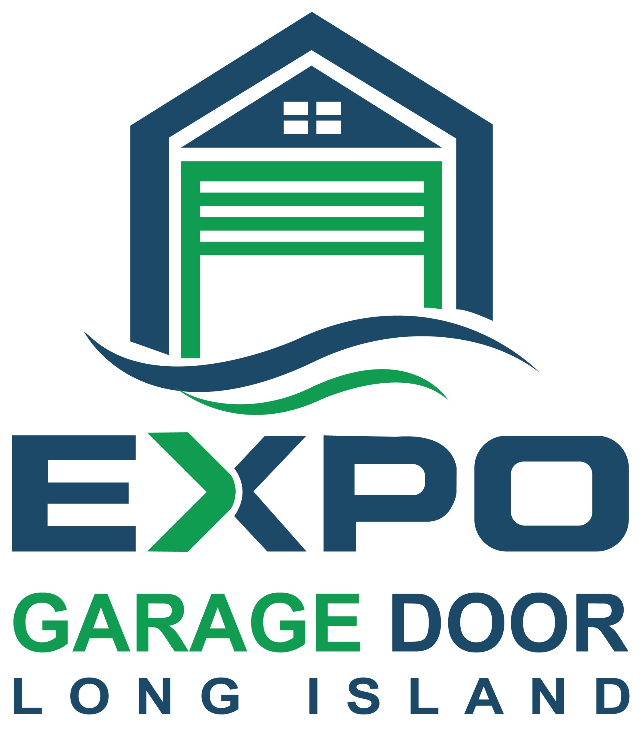 Logo with a house, garage door, and text 'EXPO GARAGE DOOR LONG ISLAND'