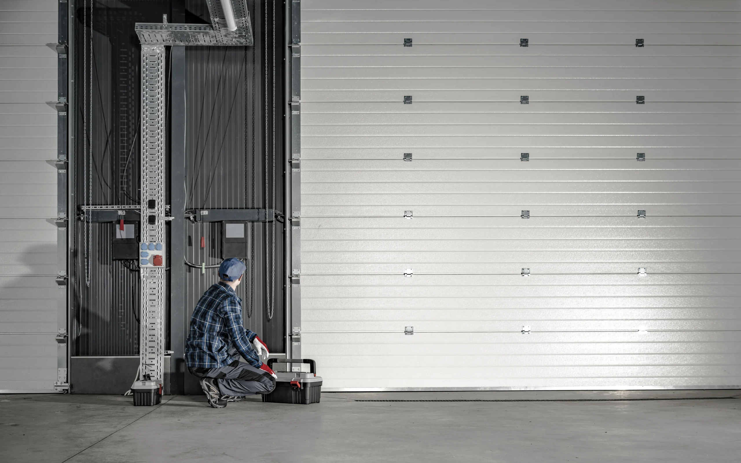 Man working on a garage door mechanism next to a white door.