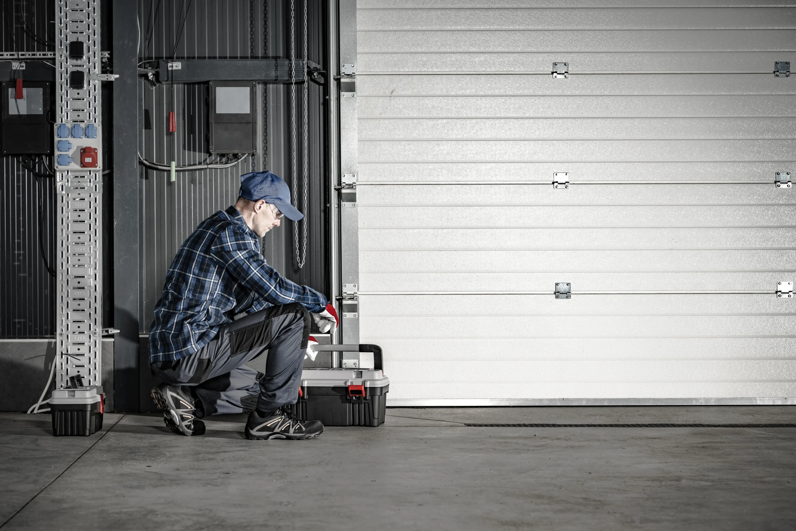 Man in plaid shirt and cap crouching next to a toolbox in a garage.