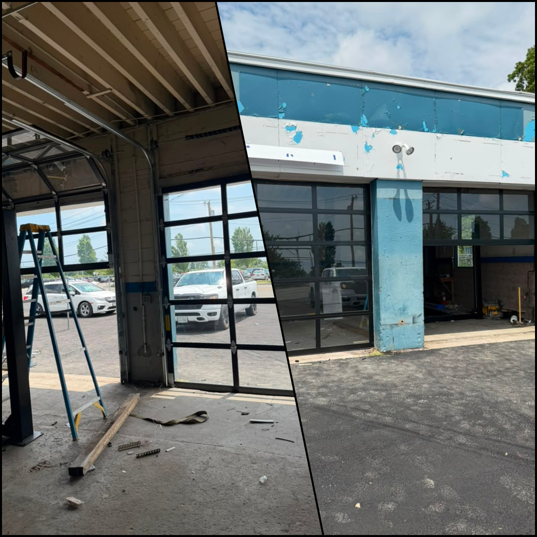 Before and after view of a garage with glass doors and blue accents