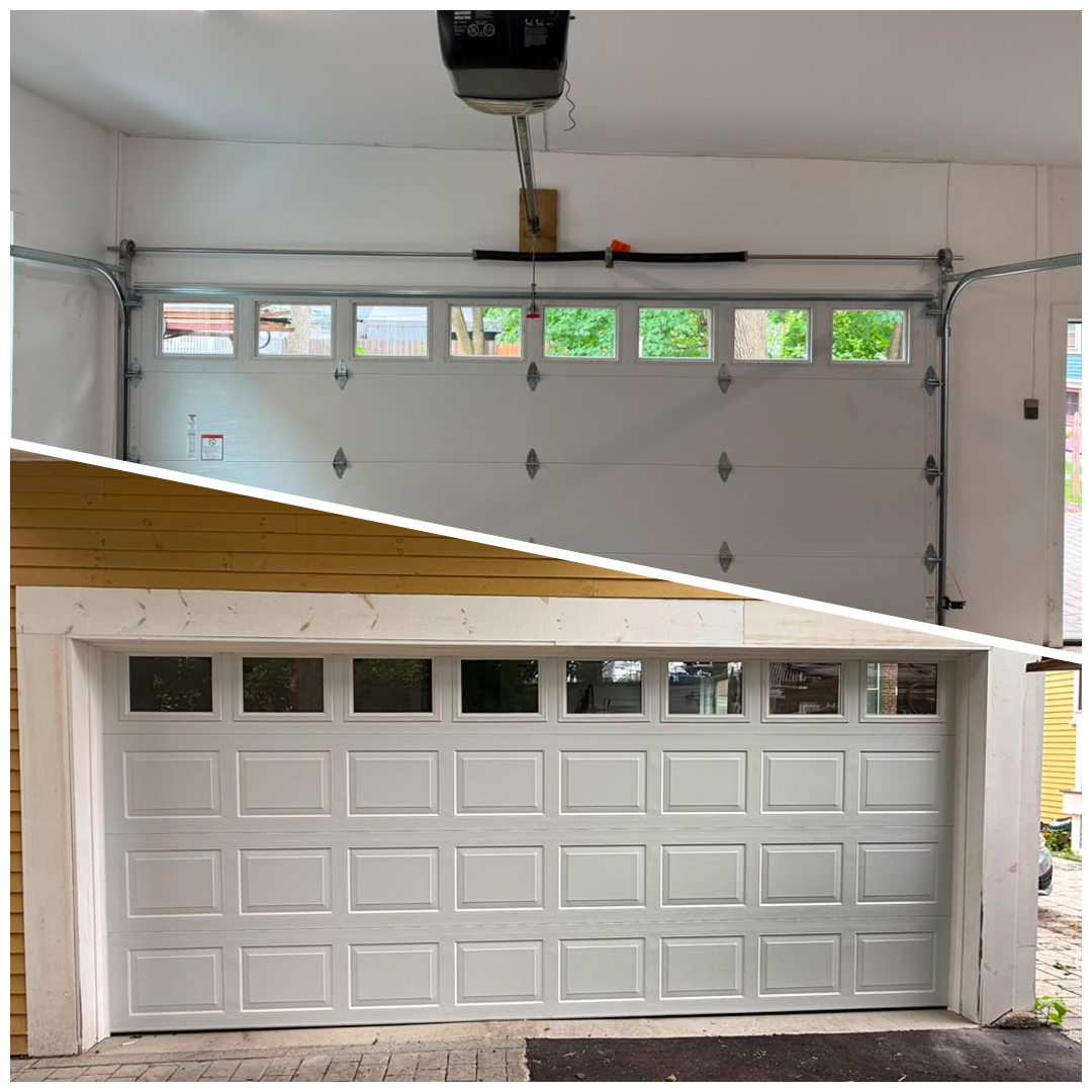 Before and after of a white garage door installation.