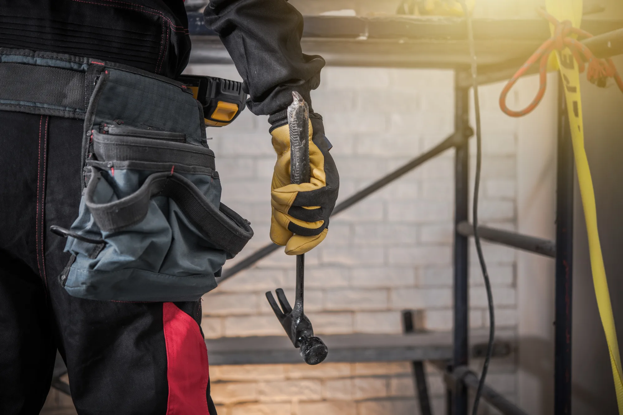 Construction worker with tool belt and hammer on a sunny day