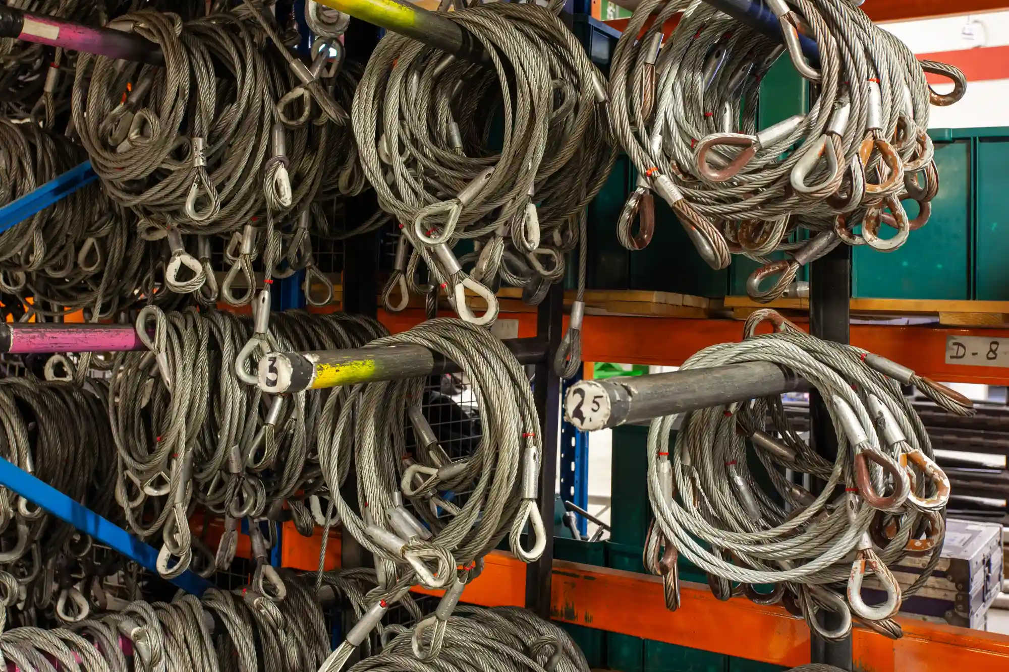 Coiled metal cables with thimbles hanging on horizontal bars in a storage rack.