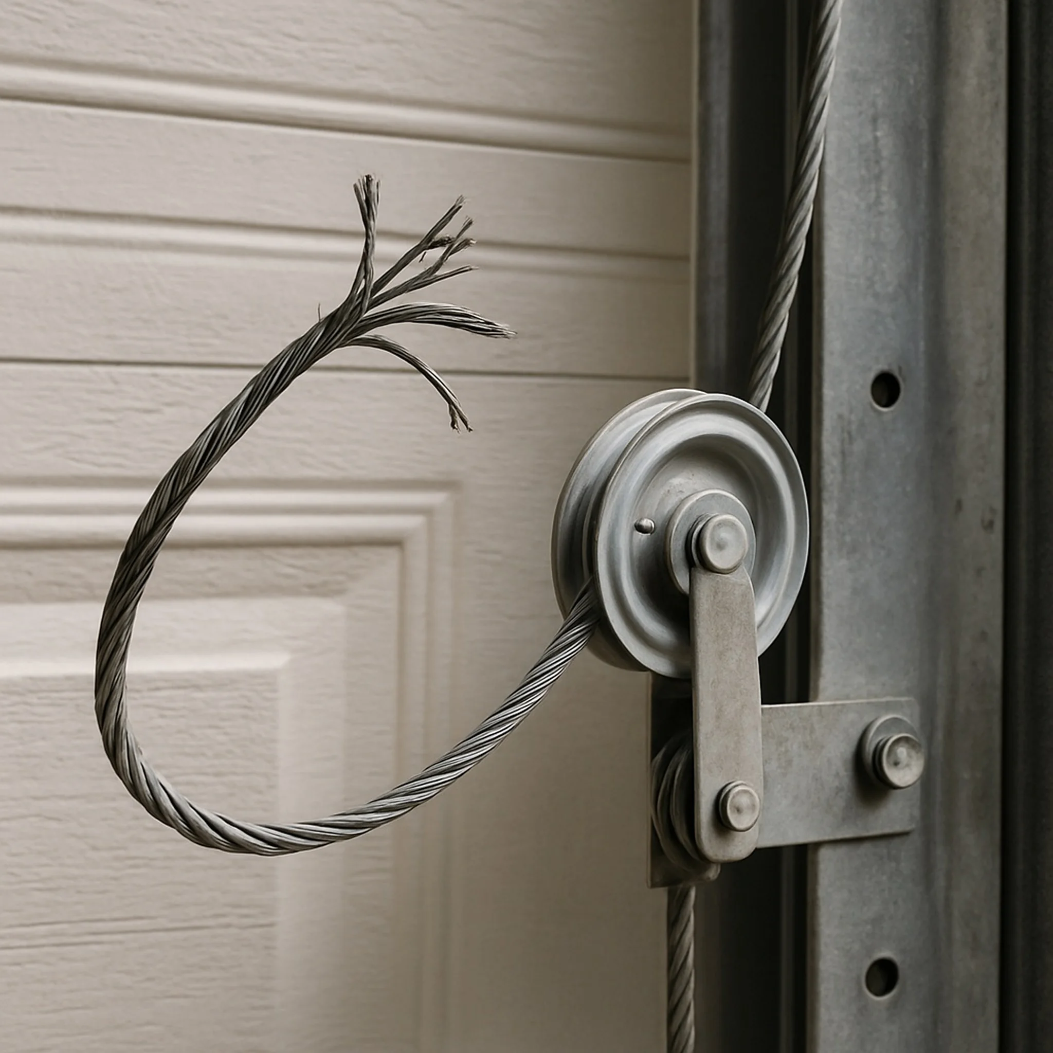Broken garage door cable with frayed ends and a pulley system.