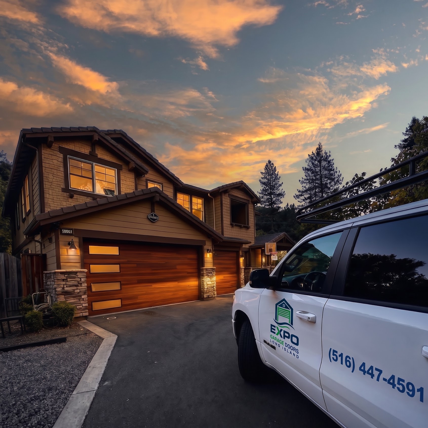 White service truck parked in front of a modern house with wood garage doors.