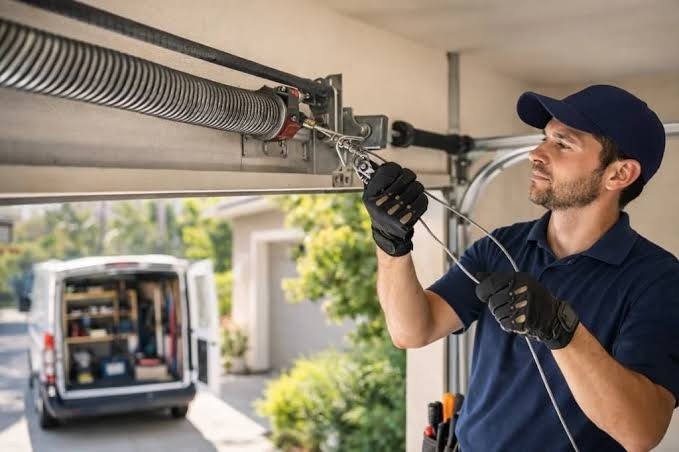 Man in cap and gloves repairing a garage door spring system.