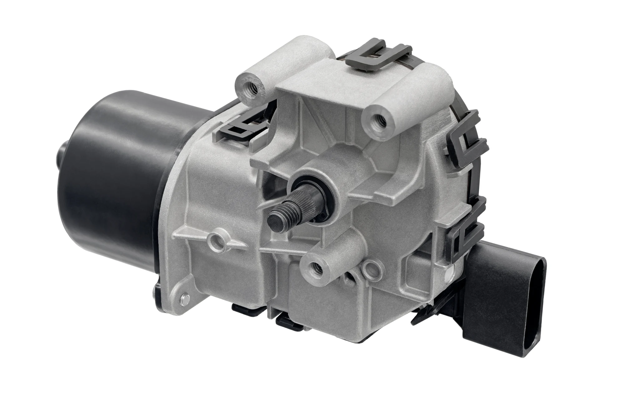 Close-up of a car wiper motor with a black and silver housing.
