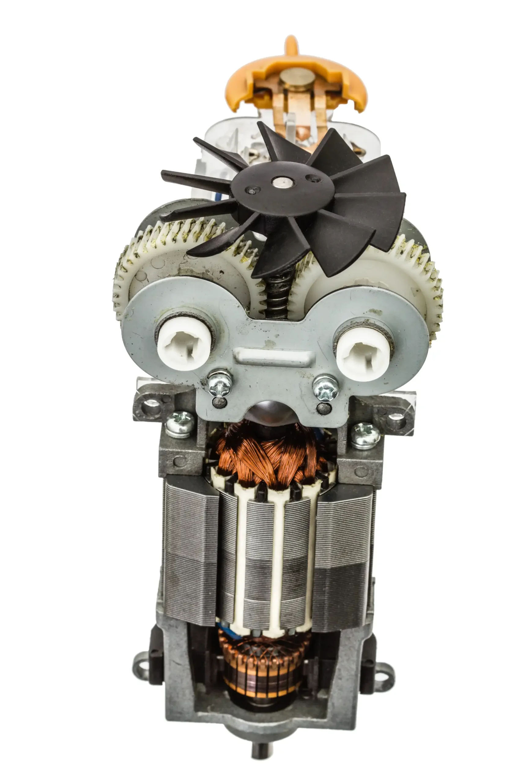 Close-up of an electric motor with visible gears and fan on a white background.