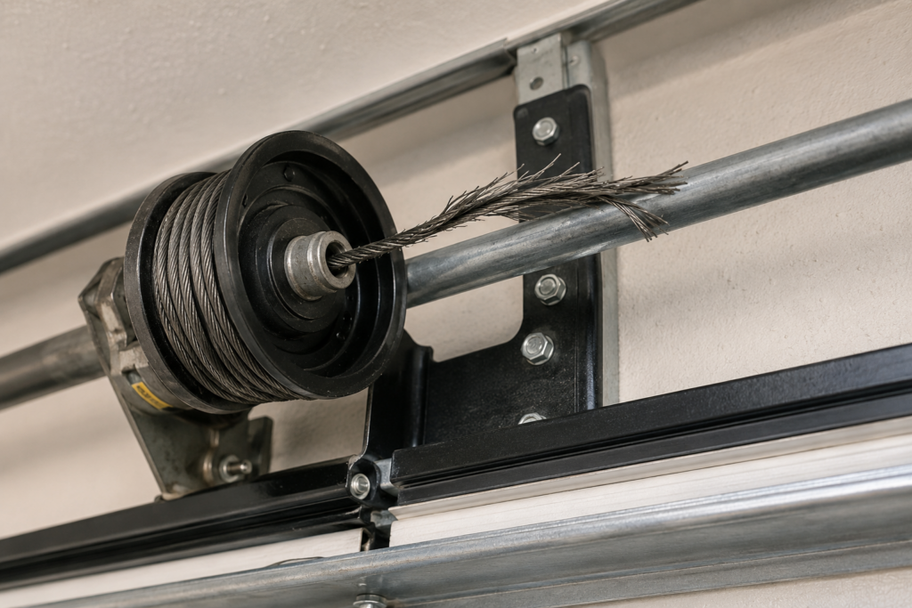 Close-up of a frayed garage door cable and drum system.