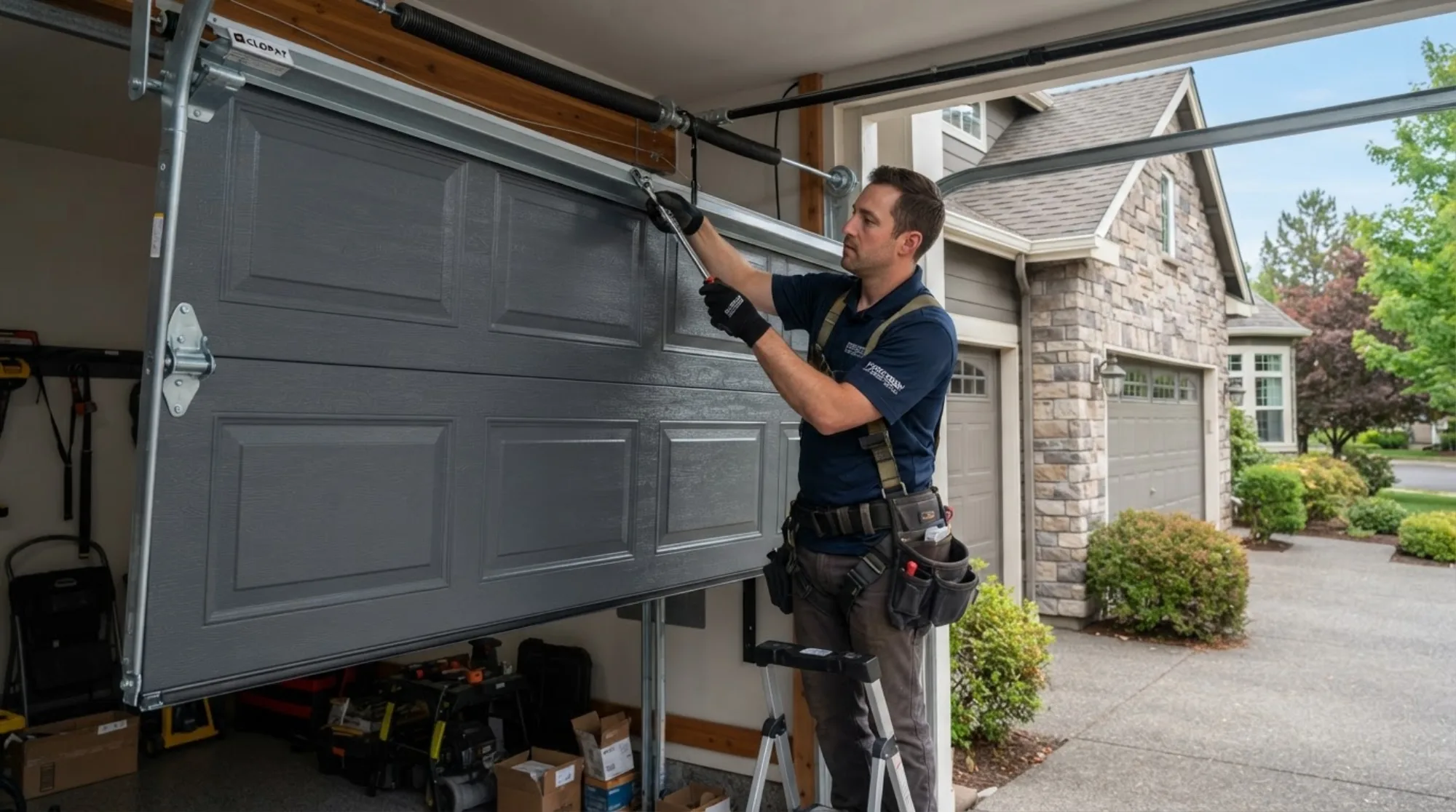 Man in work clothes repairing a gray garage door opener mechanism.
